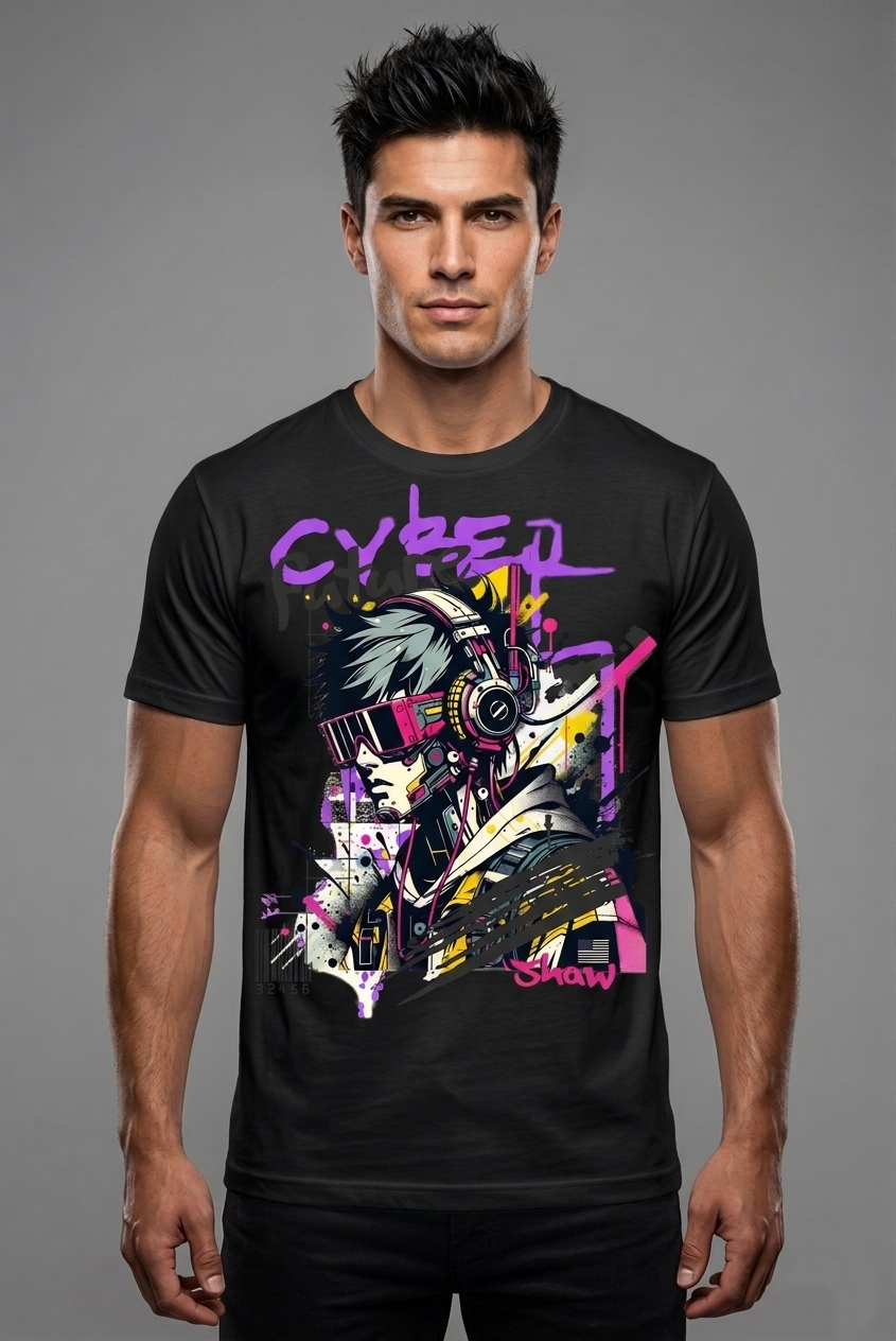 Men's Cyberpunk Anime Graphic Printed Half Sleeve Cotton T-Shirt